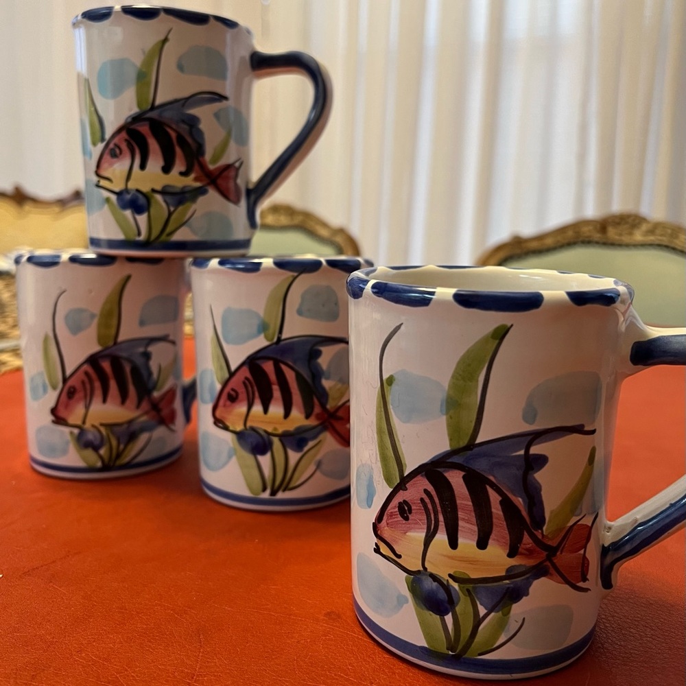 4 handmade vintage mugs Italian VIETRI pottery I still drink coffee from them!
